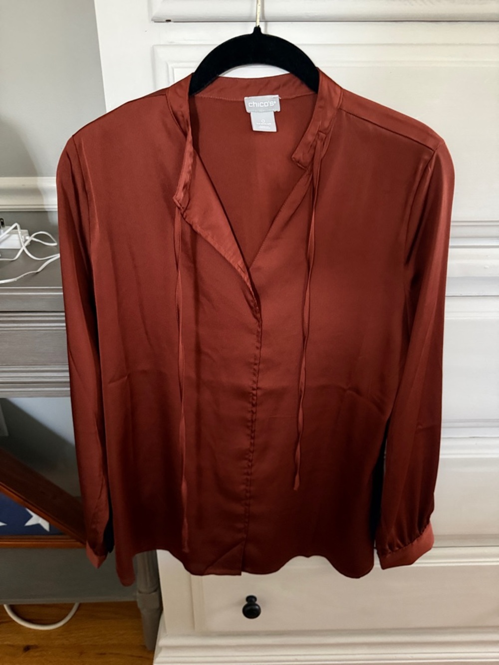 Chico's Tie-Neck Satin Blouse in Rust